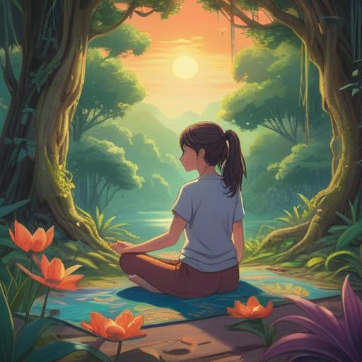 A serene and calming illustration depicting a peaceful environment for healing, a person meditating on a yoga mat, surrounded by gentle nature elements like trees and flowers, warm sunlight filtering through leaves, emphasizing the left side of their body, soft aura radiating, symbols of spiritual wellness, tranquil facial expression, harmonious colors, 4k