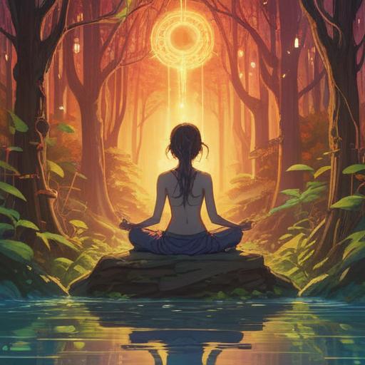 A serene, symbolic illustration representing the spiritual meaning of lower back pain, soft light illuminating a peaceful figure in a meditative pose, surrounded by ethereal elements like flowing energy and heart motifs, warm colors blending into a tranquil background, embodying the connection between physical discomfort and emotional relationships, 4k