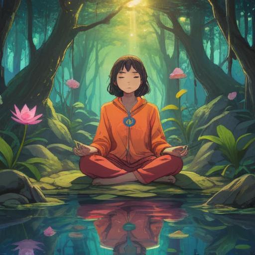 A serene illustration depicting a person meditating in a peaceful natural setting, surrounded by gentle, flowing energy, symbols of healing and balance, soft light illuminating the figure, a sense of calm and awareness, signs of spiritual growth represented by colorful glowing orbs, harmonious nature, 4k