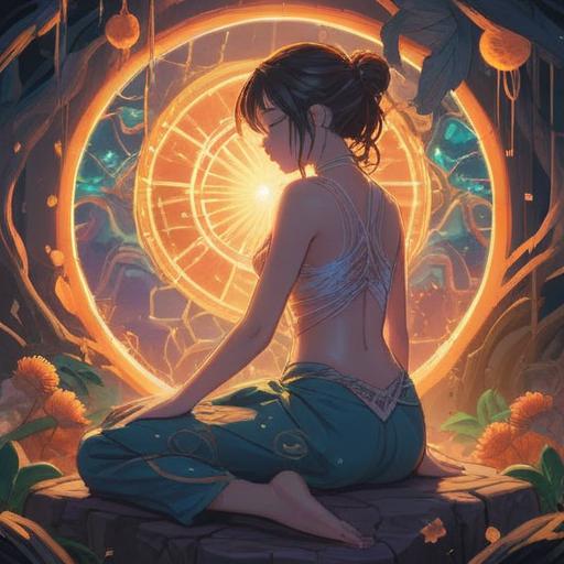 A serene illustration depicting a figure experiencing lower back pain, surrounded by ethereal symbols of spirituality, glowing light representing awareness, gentle natural elements like flowing water and trees, a soft gradient sky reflecting tranquility, intricate details symbolizing energy flow, a meditative posture, peaceful expression, 4k