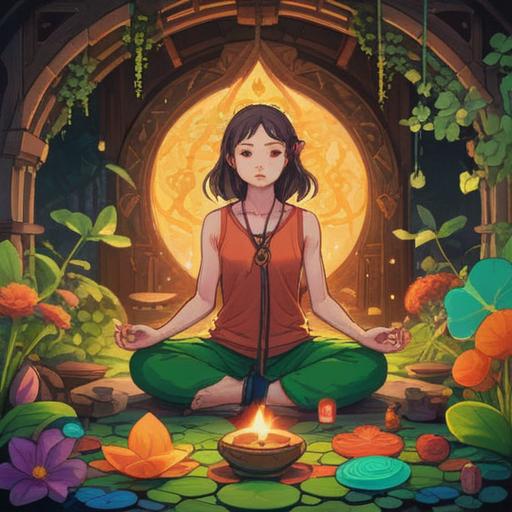 A serene illustration depicting a person practicing yoga in a tranquil setting, surrounded by symbolic lucky items like a four-leaf clover, a key, and a heart-shaped charm, soft sunlight filtering through trees, a peaceful expression on the person's face, vibrant colors, harmonious atmosphere, focus on balance and relaxation, 4k