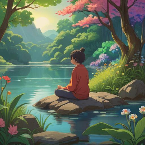A serene and harmonious scene depicting a person meditating by a tranquil lake, surrounded by lush greenery and blooming flowers, soft sunlight filtering through the trees, expressive facial features reflecting inner peace, energy flow represented by gentle waves of light, a sense of balance between body and mind, symbols of love like hearts and intertwined hands in the background, calming atmosphere, vibrant colors, 4k