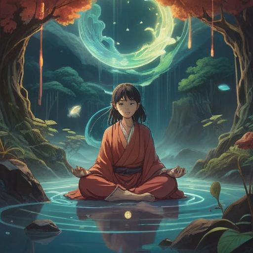 A mystical and serene illustration, depicting a person meditating with a serene expression, surrounded by ethereal energy waves, ancestral spirits appearing in soft light, symbolism of healing and connection, nature elements like trees and flowing water, vibrant yet calming colors, spiritual aura enveloping the figure, 4k