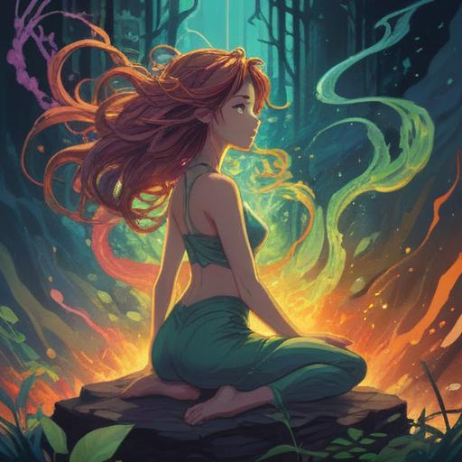 A serene illustration depicting a person in a meditative pose, radiant energy surrounding the lower back, symbolic representation of healing and transformation, soft light illuminating the figure, harmonious colors conveying balance and well-being, gentle nature elements in the background, ethereal aura, spiritual awakening, 4k