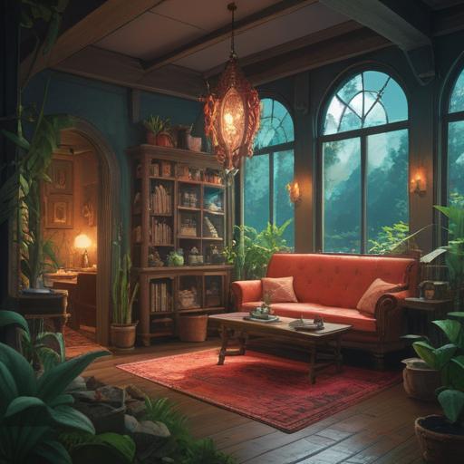 A serene and tranquil setting featuring a crystal pendant emitting a soft glow, surrounded by calming herbal plants, a cozy meditation corner with a comfortable cushion, gentle light filtering through a window, symbolizing spiritual guidance, peaceful atmosphere, 4k