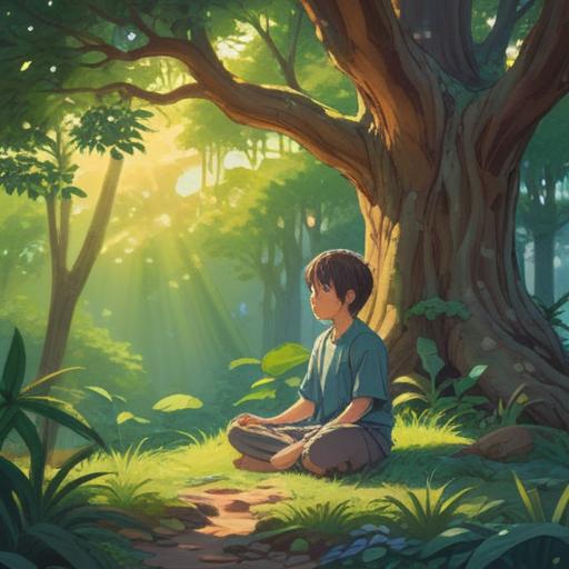 A serene illustration depicting a tranquil sanctuary, soft pastel colors, a person meditating under a large tree, gentle sunlight filtering through leaves, symbols of healing energy surrounding, calming nature sounds, soothing environment, clear connection between mind and body, emphasis on relaxation and spinal health, peaceful aura, 4k