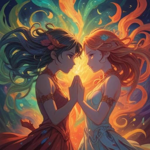 A serene illustration depicting the concept of twin flames, two intertwined figures radiating light, symbolizing healing and support, warm colors reflecting positivity, surrounded by gentle waves or a calming nature background, spiritual energy flowing between them, a sense of connection and balance, 4k