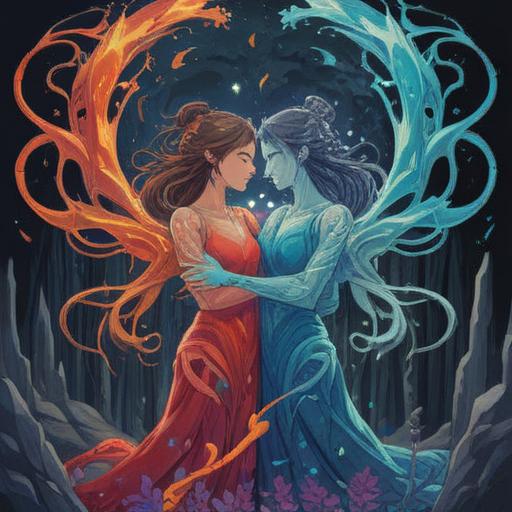 A serene illustration depicting two entwined figures symbolizing twin flames, surrounded by healing elements for back pain relief, like soothing crystals and gentle herbs, a warm and inviting atmosphere, ethereal light, the connection between the figures represented by a soft glow, emphasizing unity and healing, with nature in the background, 4k