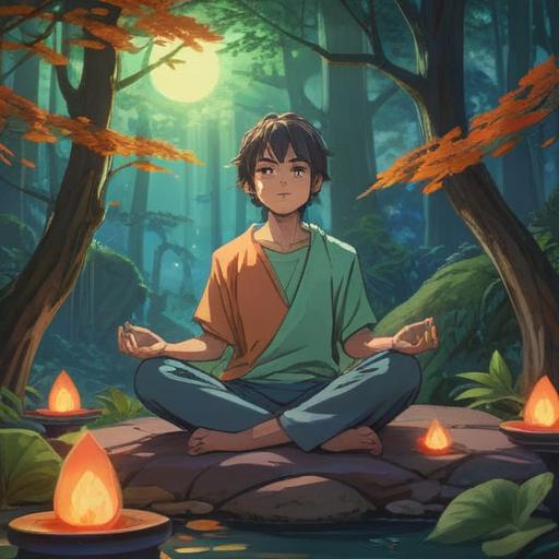 A serene illustration of a person meditating in a tranquil setting, surrounded by soft, glowing energy, representing the spiritual significance of back pain, symbolizing emotional burdens and the need for support, gentle light filtering through trees, peaceful nature scene, harmonious colors, reflective expression, 4k