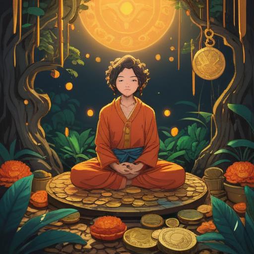 A serene illustration depicting a person in a meditative pose, surrounded by golden light, symbols of abundance like coins and prosperity plants, soft ethereal clouds in the background, a peaceful landscape with gentle hills, a sense of healing and spiritual awakening, vibrant colors, calming atmosphere, intricate details, 4k