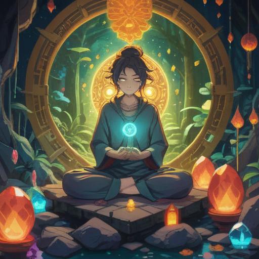 A serene and mystical scene depicting a person meditating in a tranquil environment, surrounded by symbols of prosperity and fortune, luminous crystals emitting soft light, elements representing healing and balance, a subtle aura of energy flowing around, hints of gold and wealth, nature-infused background, peaceful atmosphere, inspirational and uplifting, 4k