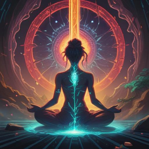 A mystical representation of a person meditating, surrounded by vibrant energy fields, illustrated spine highlighting lumbar region, glowing light symbolizing healing, ethereal background with soft clouds and light rays, serene facial expression, peaceful ambiance, spiritual growth and transformation, 4k