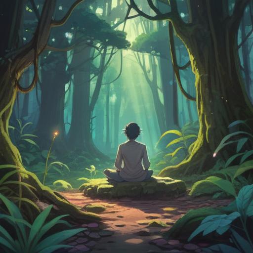 A serene and mystical illustration depicting a person meditating in a tranquil forest, ethereal light filtering through the trees, symbolizing the spine as a glowing column, gentle reminders of caution represented by floating symbols, vibrant colors reflecting energy, calming atmosphere, spiritual essence, intricate details in nature, 4k