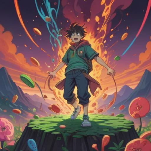 A vibrant illustration of a person triumphantly overcoming lumbar disc herniation, surrounded by lucky charms like a four-leaf clover, lucky cat, and a horseshoe, bright and hopeful colors, uplifting atmosphere, detailed background showing a serene landscape, dynamic pose, 4k