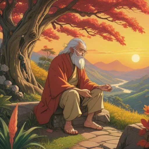 A serene landscape depicting an elderly figure with a bent posture, surrounded by gentle golden light, symbolizing wisdom and spiritual growth, elements of nature like blooming flowers and flowing water in the background, an ethereal aura conveying peace and enlightenment, intricate details, soft and calming color palette, 4k