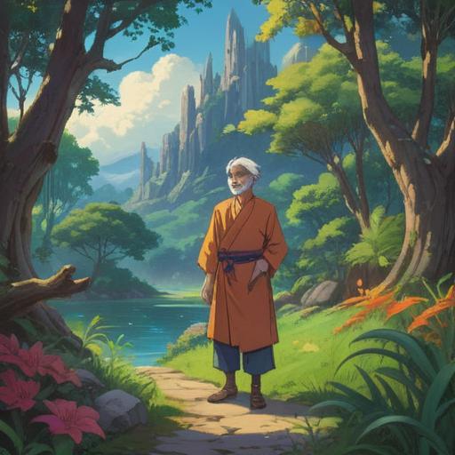 A serene and reflective scene depicting an elderly figure with a gentle smile, slightly bent posture symbolizing wisdom and experience, surrounded by nature's beauty, rays of sunlight breaking through the trees, soft pastel colors, a sense of tranquility and enlightenment, subtle aura of positive energy, harmonious atmosphere, inviting environment, 4k