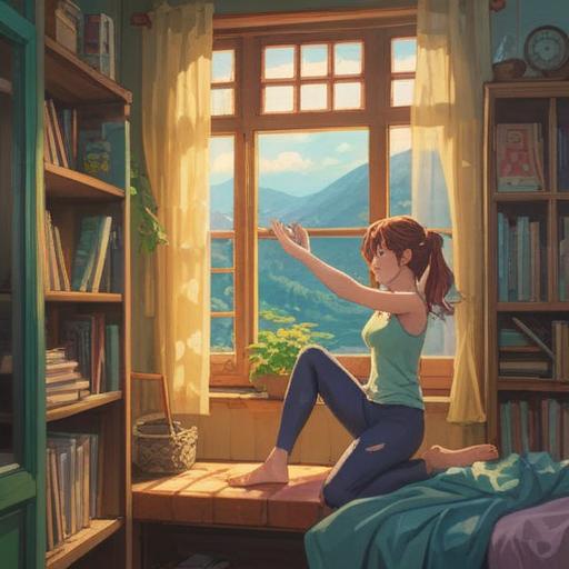 A serene morning scene depicting a person engaging in gentle stretching exercises, a bright and cheerful atmosphere, soft sunlight pouring through a window, comfortable home setting, motivational posters on the walls, a yoga mat spread out on the floor, subtle hints of nature outside, inviting and calming colors, showcasing the journey of improving flexibility and posture, 4k