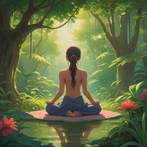 A serene morning scene depicting a person meditating in a peaceful garden, lush greenery surrounding them, gentle sunlight filtering through the leaves, tranquil water feature nearby, soft birdsong in the air, a wooden bench with a cup of herbal tea, elements symbolizing balance and wellness, calming atmosphere, 4k