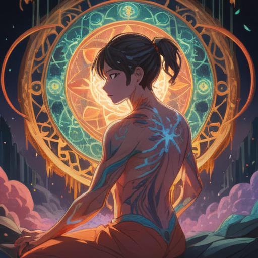 A serene and uplifting illustration depicting a person experiencing back pain, surrounded by ethereal light, gentle chakra symbols, a sense of spiritual healing, soft flowing colors, nature elements like trees and flowers, calming energy, an aura of positivity, peaceful expressions, 4k