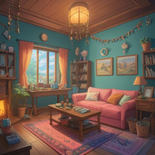 A calming and serene illustration of a person using a lucky charm to alleviate back pain, gentle pastel colors, a cozy room setting with a comfortable chair, plants in the background, the person smiling while stretching, bright sunlight filtering through a window, emphasizing relaxation and positivity, 4k