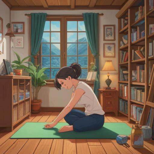 A heartwarming illustration depicting various practical ideas for improving lower back pain, showing a person practicing gentle stretching exercises in a serene home environment, surrounded by soft natural light coming through a window, cozy atmosphere with plants and comfortable furniture, visual elements symbolizing relaxation and wellness, emphasizing a sense of comfort and care, 4k