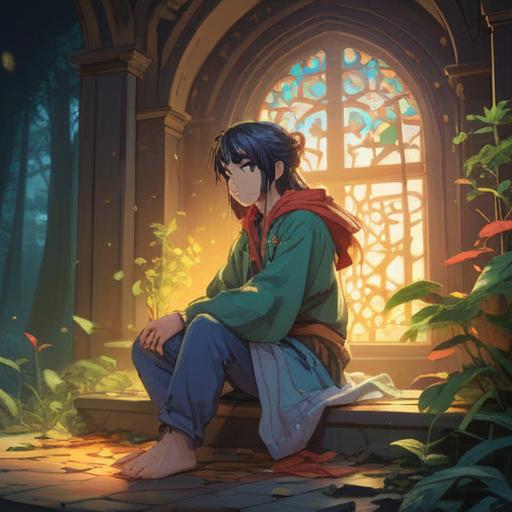 A serene and mystical scene depicting a person sitting cross-legged, gently holding their left side, surrounded by ethereal light, representation of energy flowing, symbolism of healing and balance, nature elements like trees and water, peaceful expression, harmonious atmosphere, spiritual reflection, 4k