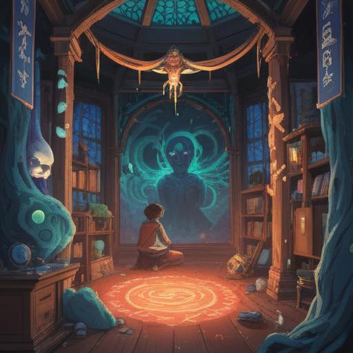 A serene and harmonious scene depicting the left side of a person experiencing lower back pain, surrounded by glowing spiritual symbols, soft ethereal lights illuminating the area, a peaceful expression on their face, nature elements like trees and flowers symbolizing healing, a gentle breeze flowing, embodying a sense of positive energy and transformation, calming color palette, mystical ambiance, 4k