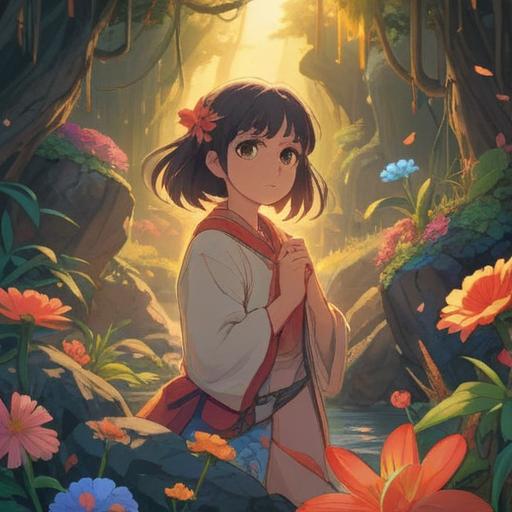 A serene illustration of a left-side waist pain relief depicted through a lucky stone, surrounded by gentle floral elements, warm sunlight filtering through the leaves, a peaceful setting, soothing colors, a sense of tranquility and healing, subtle textures, harmonious composition, 4k