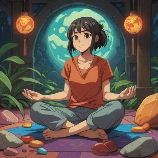 A serene wellness scene depicting a person sitting cross-legged on a soft mat, gently placing a colorful lucky stone on their lower back, soothing relief from pain, warm natural light streaming through a window, indoor plants in the background, a sense of tranquility and healing, 4k
