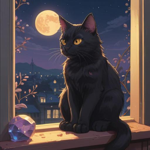A mystical illustration of a black cat sitting gracefully on a windowsill, moonlight illuminating its fur, surrounded by glowing crystals and soft ethereal lights, symbols of spirituality and protection, a serene and calming atmosphere, enchanting floral patterns, capturing the essence of companionship and spiritual significance, 4k