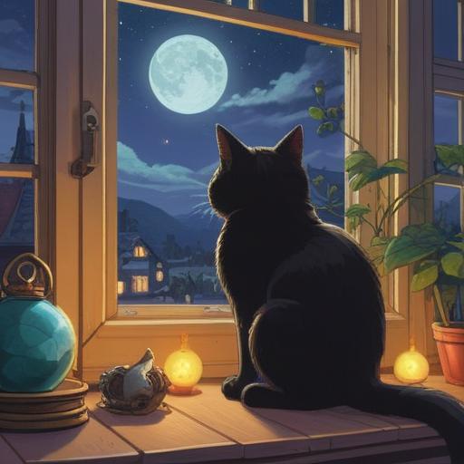 A mystical scene featuring a black cat sitting gracefully on a windowsill, moonlight streaming in, surrounded by glowing orbs of light, symbolizing spiritual signs, an enchanting forest in the background, serene atmosphere, intricate details highlighting the cat's fur and eyes, 4k
