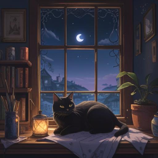 A mystical scene featuring a black cat lounging on a windowsill, moonlight casting soft shadows, various spiritual symbols and signs subtly integrated into the background, hints of magical energy around the cat, an aura of tranquility, vibrant nature visible outside, a cozy indoor setting, inviting atmosphere, capturing the connection between the cat and its owner, gentle reminders of spiritual awareness, 4k
