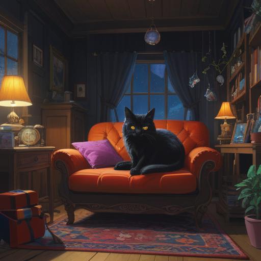 A cozy scene in a home filled with colorful lucky items for owning a black cat, a sleek black cat lounging on a velvet cushion, surrounded by lucky charms like a horseshoe, a four-leaf clover, and a lucky cat figurine, warm sunlight streaming through the window, inviting atmosphere, attention to detail in the items and the cat's fur, rich colors, 4k