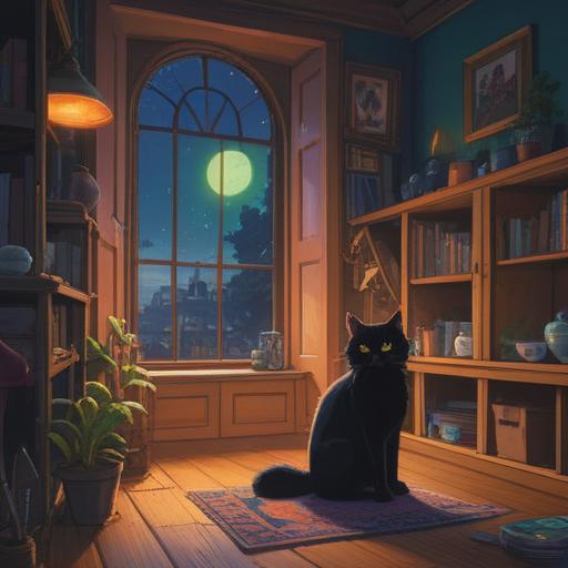 A cozy indoor setting with a black cat, preparing for its arrival, essential supplies like litter box and food dishes, a welcoming environment with soft blankets and toys, a sense of anticipation and love, warm lighting, detailed background elements showing a safe space, 4k