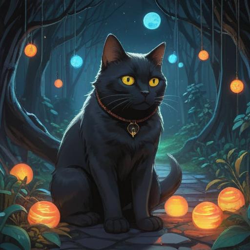 A mystical and serene scene of a black cat sitting gracefully on a moonlit path, surrounded by glowing orbs of light, symbolism of intuition and mystery, soft ethereal mist in the background, the night sky filled with stars, a sense of calm and spiritual awakening, 4k