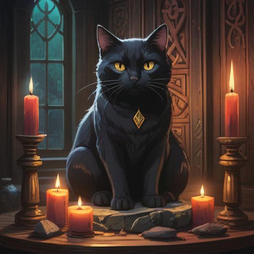 A mystical black cat sitting gracefully on an ancient wooden altar, glowing candles surrounding it, symbols of spirituality etched in the stone, soft moonlight filtering through a nearby window, a serene and enchanting atmosphere, a sense of calm and positivity emanating from the cat, intricate details of the altar, rich textures, ethereal vibes, 4k