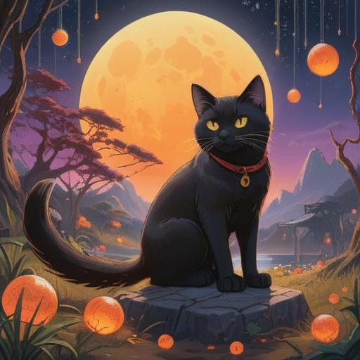 A mystical scene featuring a black cat sitting under a full moon, surrounded by glowing orbs of light, an aura of mystery, symbolic representations of spiritual signs in the background, ethereal mist swirling around, twilight ambiance, enchanting forest setting, serene atmosphere, vivid details, 4k