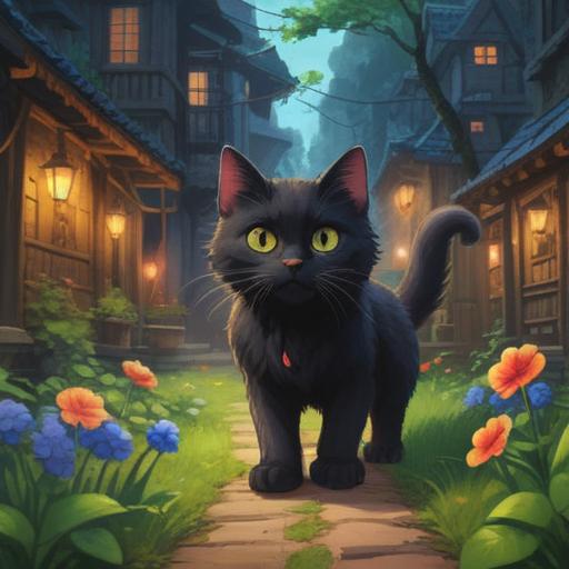 A black cat crossing the path, a shiny lucky charm in its paw, surrounded by vibrant four-leaf clovers, glimmering coins, and sparkling stars, a soft glow of sunlight casting warm shadows, whimsical and magical atmosphere, enchanting garden setting, intricate details, 4k