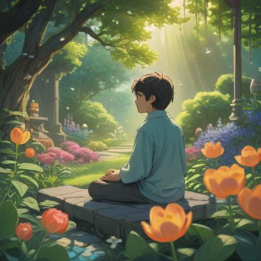 A serene and uplifting illustration, a person meditating peacefully in a tranquil garden, surrounded by blooming flowers and gentle sunlight, ethereal aura of positive energy, soft clouds in the sky, vibrant colors symbolizing happiness, harmonious balance between mind and nature, calming atmosphere, 4k