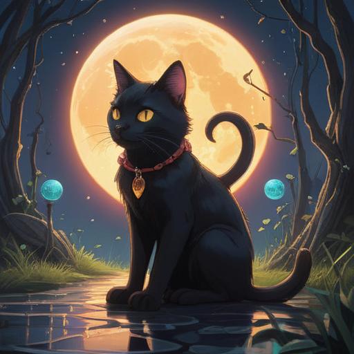 A mystical illustration of a black cat sitting gracefully on a moonlit path, surrounded by glowing orbs of light, symbolizing intuition and protection, ethereal and serene atmosphere, detailed foliage and starry sky in the background, conveying a sense of mystery and spirituality, 4k