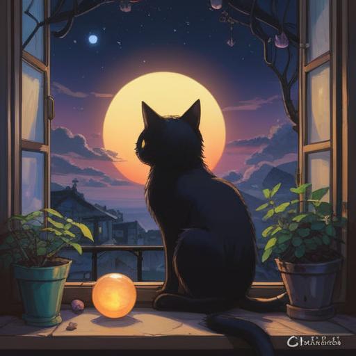 A black cat sitting gracefully on a windowsill, moonlight illuminating its sleek fur, surrounded by glowing orbs representing spiritual signs, a mystical atmosphere, soft shadows casting on the walls, a sense of tranquility and magic in the air, detailed background with herbs and crystals, bright stars twinkling outside, serene and enchanting vibe, 4k