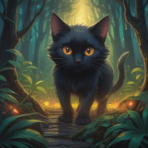 A mysterious black cat appearing in a mystical forest, glowing symbols around it, a sense of caution and awareness, ethereal lighting, spiritual energy in the air, enchanting atmosphere, deep shadows, vivid green foliage, reflective surface creating an aura, 4k