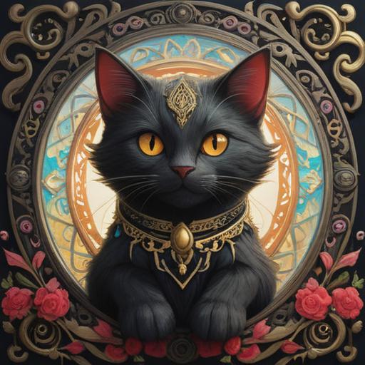 A lucky charm inspired by the sight of a black cat, an elegant amulet with intricate designs, shimmering gold and silver accents, surrounded by sparkles and glowing light, representing good fortune, a backdrop of a mystical forest, whimsical elements like mushrooms and stars, enchanting atmosphere, rich colors, magical realism, 4k