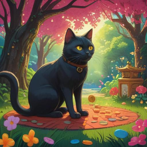 A black cat sitting beside a person, surrounded by lucky charms and symbols of fortune, bright sunlight filtering through trees, a serene garden setting, vibrant flowers and greenery, the person smiling while petting the cat, a sense of harmony and positivity, magical aura, detailed environment, 4k