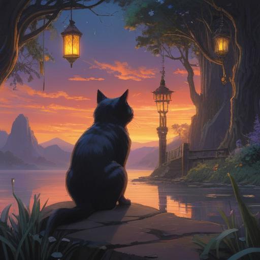 A serene and mystical scene, a person gazing at a black cat, ethereal glow surrounding the cat, symbolic representation of spirituality, deep connection with nature, introspective emotions, vibrant moonlight filtering through trees, magical ambiance, 4k