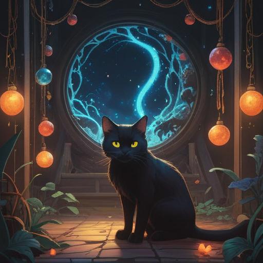 A mystical scene depicting a black cat, surrounded by glowing orbs of light, symbolizing positive spiritual signs, serene atmosphere, soft moonlight illuminating the cat's fur, enchanting forest background, subtle ethereal details, vibrant colors, magical energy, 4k