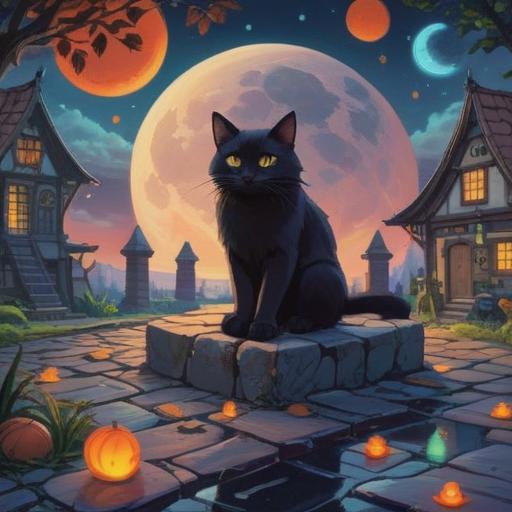 A mystical scene featuring a black cat sitting on a cobblestone path under a full moon, surrounded by floating magical symbols, an ethereal glow illuminating the surroundings, dark forest in the background, a sense of mystery and spiritual significance, vivid details highlighting the cat's piercing eyes, enchanted atmosphere, 4k