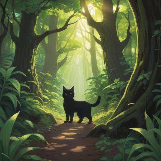 A whimsical scene depicting a person joyfully encountering a black cat, bright sunlight streaming through lush green trees, the person full of excitement and surprise, vibrant flowers blooming nearby, a sense of serendipity in the air, warm and inviting atmosphere, detailed expressions on their faces, suggesting good luck and positive energy, 4k