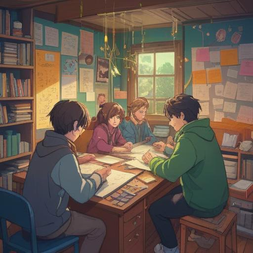 A conceptual illustration representing collaboration and ideas, diverse people working together, surrounded by sticky notes and charts, a bright and organized workspace, warm lighting, dynamic expressions, clarity in communication, teamwork atmosphere, 4k