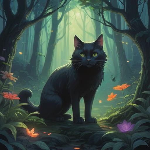 A mystical scene depicting a black cat appearing in a serene forest, surrounded by ethereal light, symbolism of spiritual guidance, a sense of calm and connection to the spiritual realm, intricate details of nature, enchanting atmosphere, soft glowing orbs floating in the air, deep shadows accentuating the cat's features, 4k